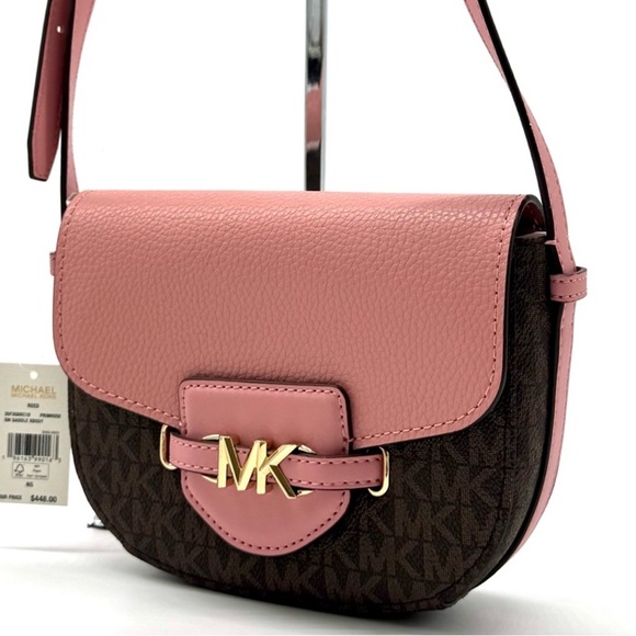 Michael Kors Small Reed Leather Saddle Crossbody Bag Brown/Light Pink - Picture 1 of 9